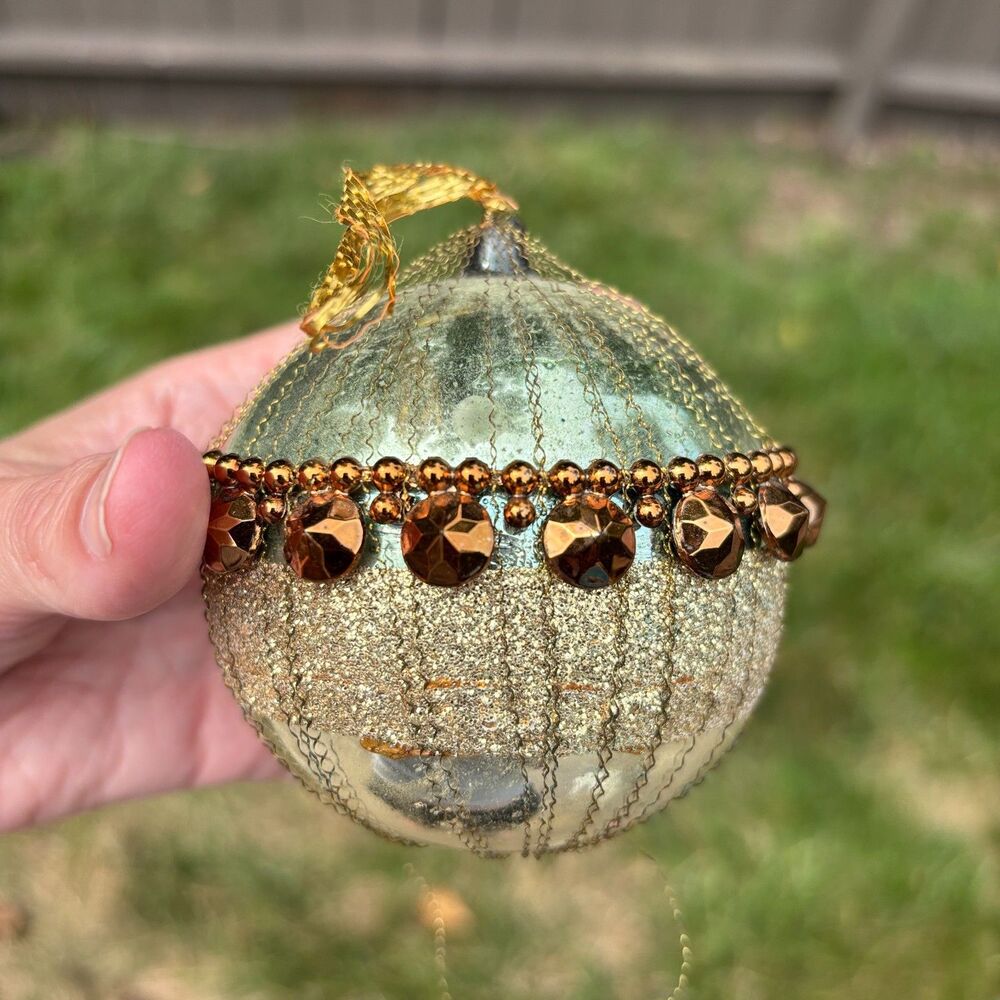 Vtg West Germany Mercury Glass Christmas Ornament Crinkle Wire Wrapped Beaded - Picture 5 of 7